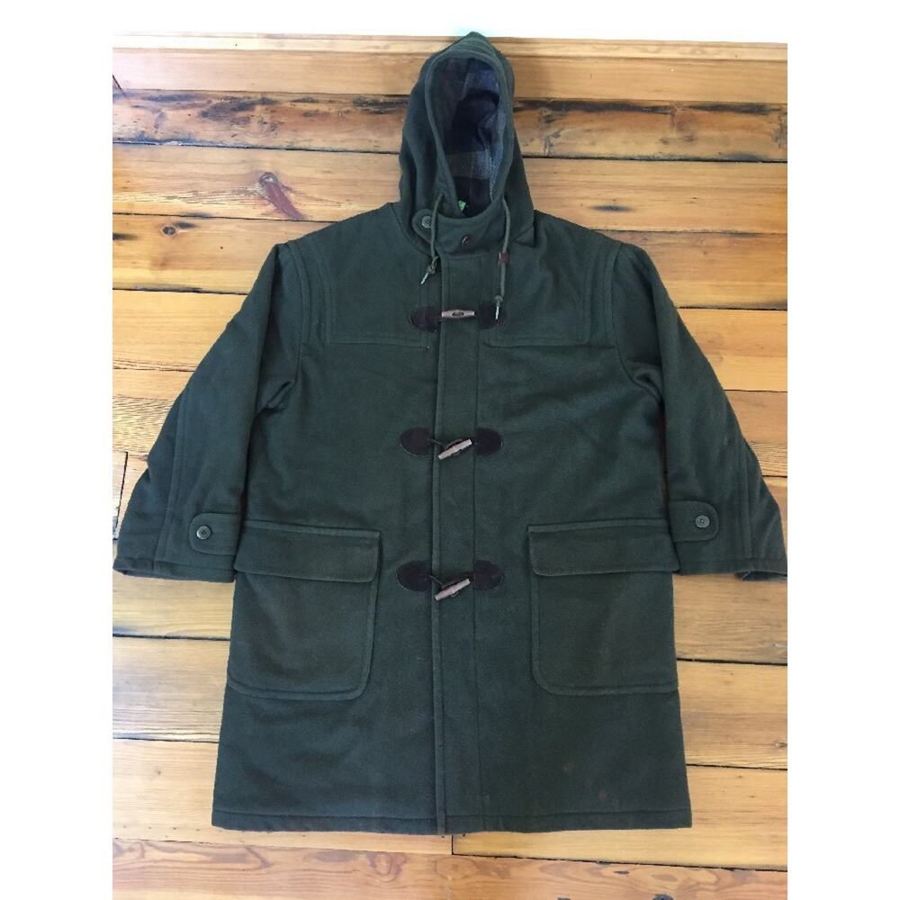 Vintage LL Bean Green Wool Hooded Duffle Peacoat Insulated Flannel Lining L 53"